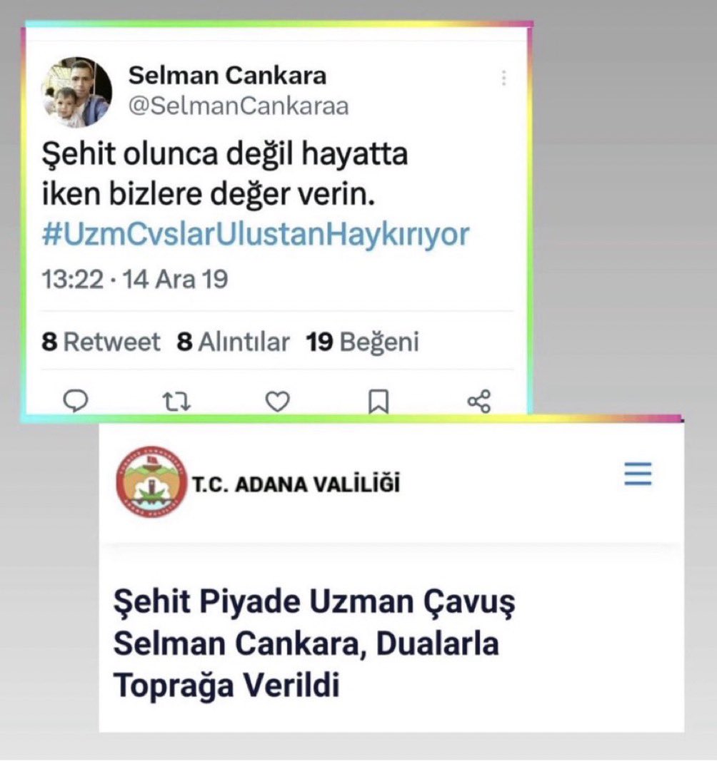 Şehit Uzman Çavuş Selman Cankara ne istediğini söyledi duymadınız
Cennette Kadroya kavuştu

Bari şehadet adayı kahramanları duyun;
 Mesleği asker olanın sözleşmesi olmaz
Yemini olur!
Mesleki güvence Kadro istiyor
Tıpkı Kamuya hizmet eden tüm kesimlere verildiği gibi.