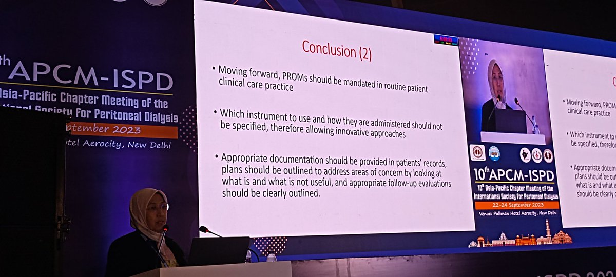 Prof. Lily Mushahar <a href="/LilyMshar/">Lily Mushahar</a> speaking about patient well-being in #PeritonealDialysis, and how PROMs ( Patient Reported Outcome Measures) can be used to improve processes of care, outcomes of care, and satisfaction with care. #ISPD23
