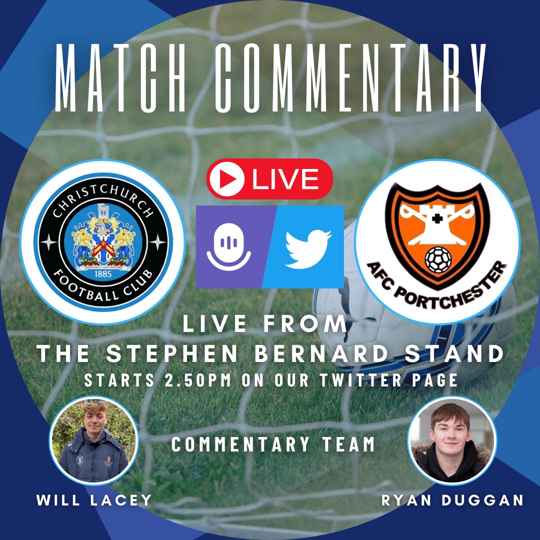 ChristchurchFC_'s tweet photo. Today for the match against AFC Portchester we are streaming a 𝗟𝗜𝗩𝗘 match commentary via our Twitter Channel. Commentators will be Will Lacey and Ryan Duggan. Broadcast will start at 2.50pm.
We would prefer to have you there, but if you cannot make it, then tune in!!
UTC!! https://t.co/lthTFewW7q