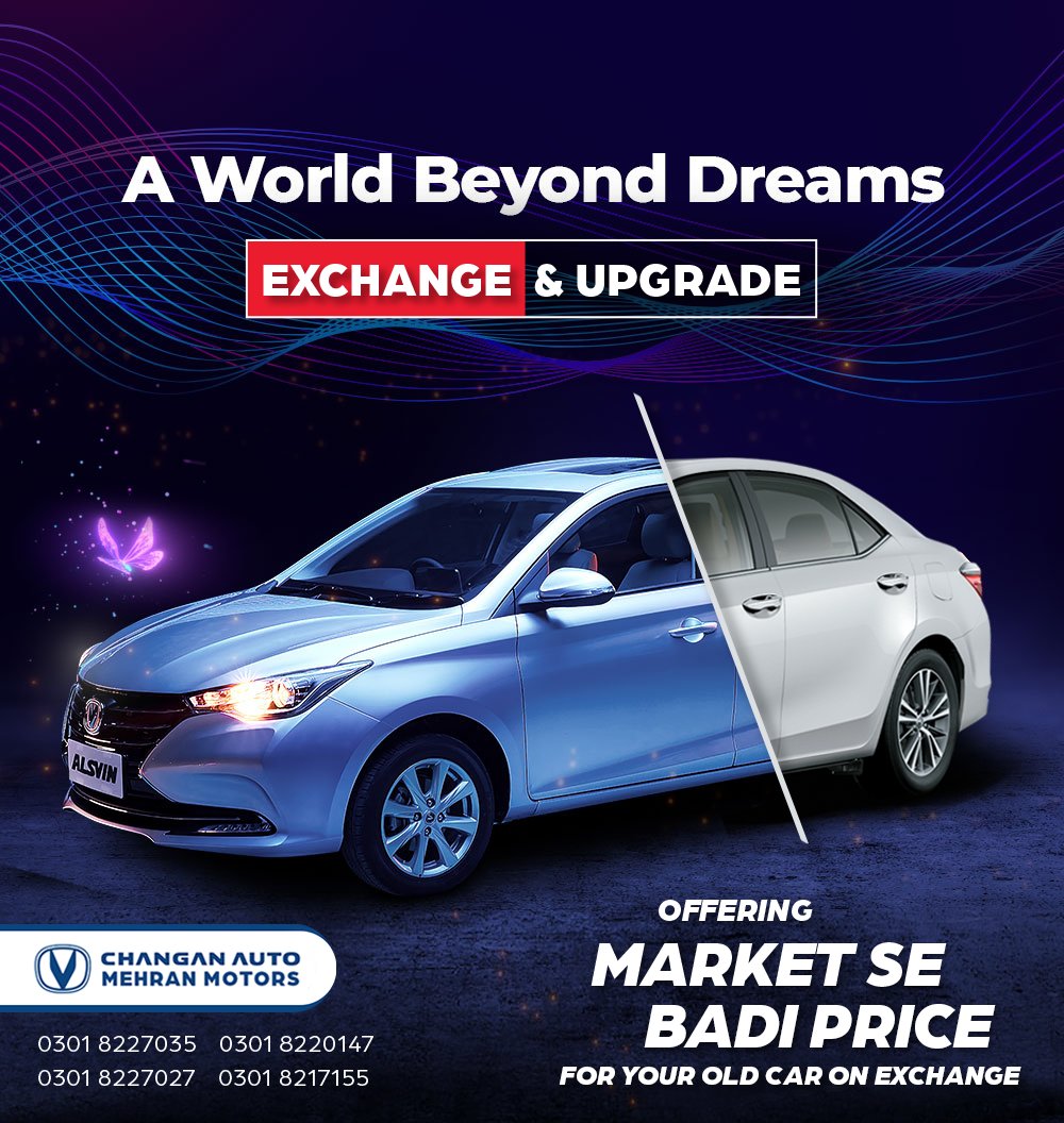 ChanganMehran's tweet image. Special Exchange Offer! 

Offering Market Se Badi Price for your Purani Car on Exchange. Avail now as it's limited time offer!

For more info, call/WhatsApp: 0301 8227035, 03018220147, 0301 8227027, 03018217155

#ChanganAuto #ChanganPakistan #Alsvin #ChanganAlsvin