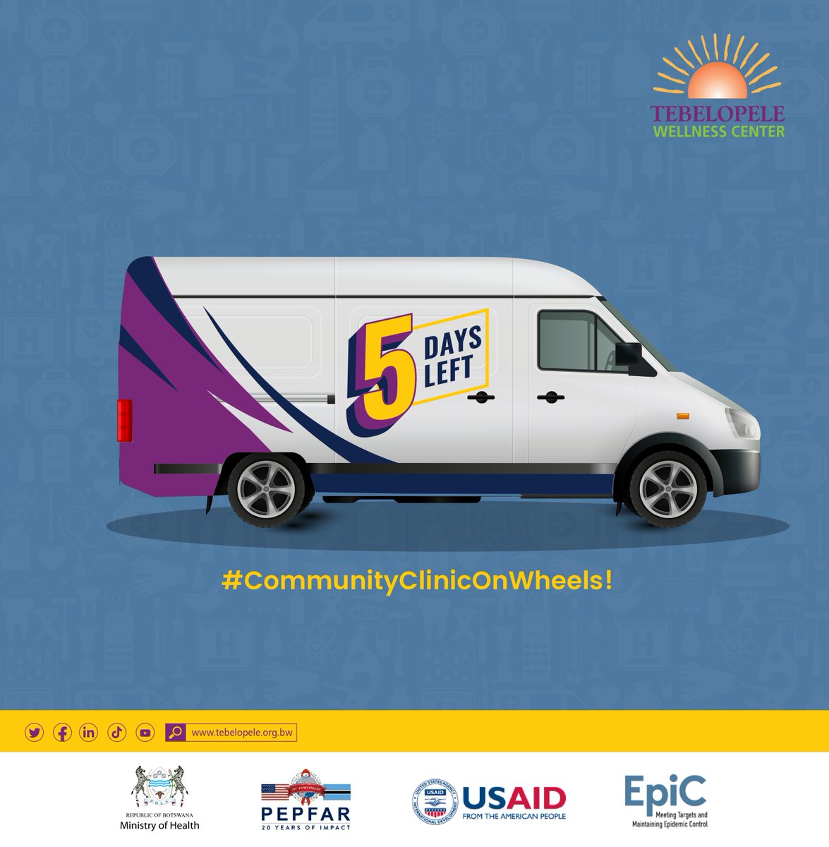 TebelopeleVCTC's tweet photo. Curious 🤔 about what services our Mobile Clinic 🚑 will offer? Get a sneak peek 🧐 on the day of the launch! Only 🚀 5 days left until the big day 🤩 .

#CommunityClinicOnWheels
#CCOW
#TebelopeleForYou
#USAID
#MoH
#FHI360 https://t.co/wO2X46N8Uu