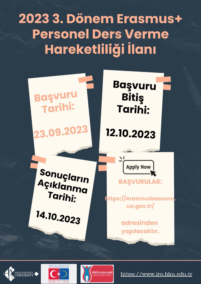 2023 3.Dönem Erasmus+ Ders Verme Hareketliliği başvuruları başladı!! 
📌Bu ilan sadece Akademik personellerimiz için geçerlidir. 
📌Başvurular erasmusbasvuru.ua.gov.tr adresinden yapılacaktır.
 #staffmobilityforteaching #erasmusplus #staffmobility #academicpersonnel #academic