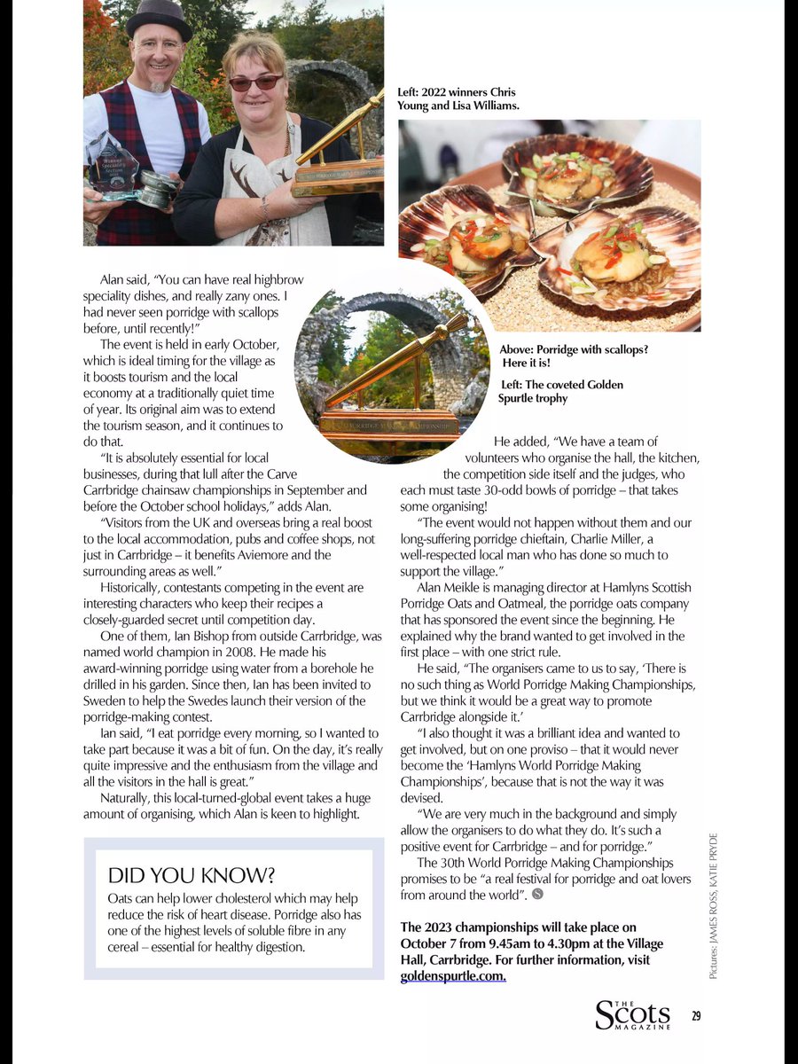 hamlynsoats's tweet photo. Spurtles at the ready! Two weeks to go until the Golden Spurtle World Porridge Making Championship which is celebrating 30 years this year. 

Read all about it in this feature in the @ScotsMagazine.   

Who else is going?

#goldenspurtle #worldporridgemakingchampionship https://t.co/VBnzmRQcs1