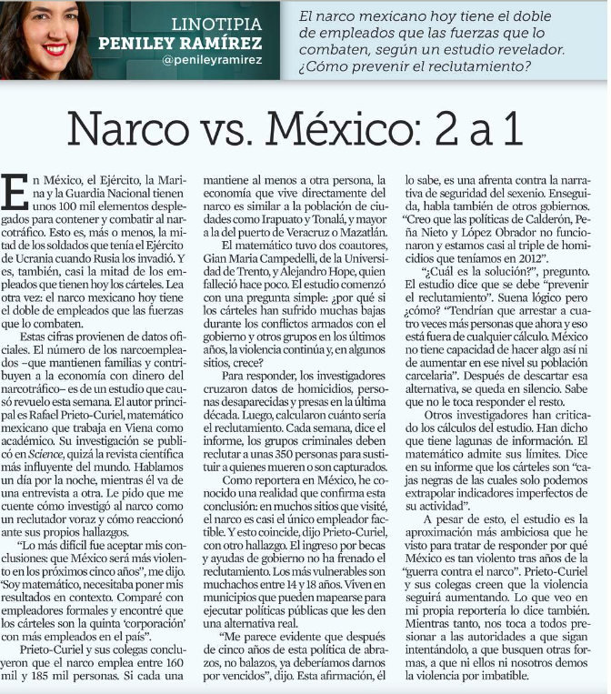 acastilloDC's tweet image. “El narco mexicano hoy tiene el doble de empleados que las fuerzas que lo combaten. Cada semana, los grupos criminales deben reclutar a unas 350 personas para sustituir a quienes mueren o son capturados” @penileyramirez
