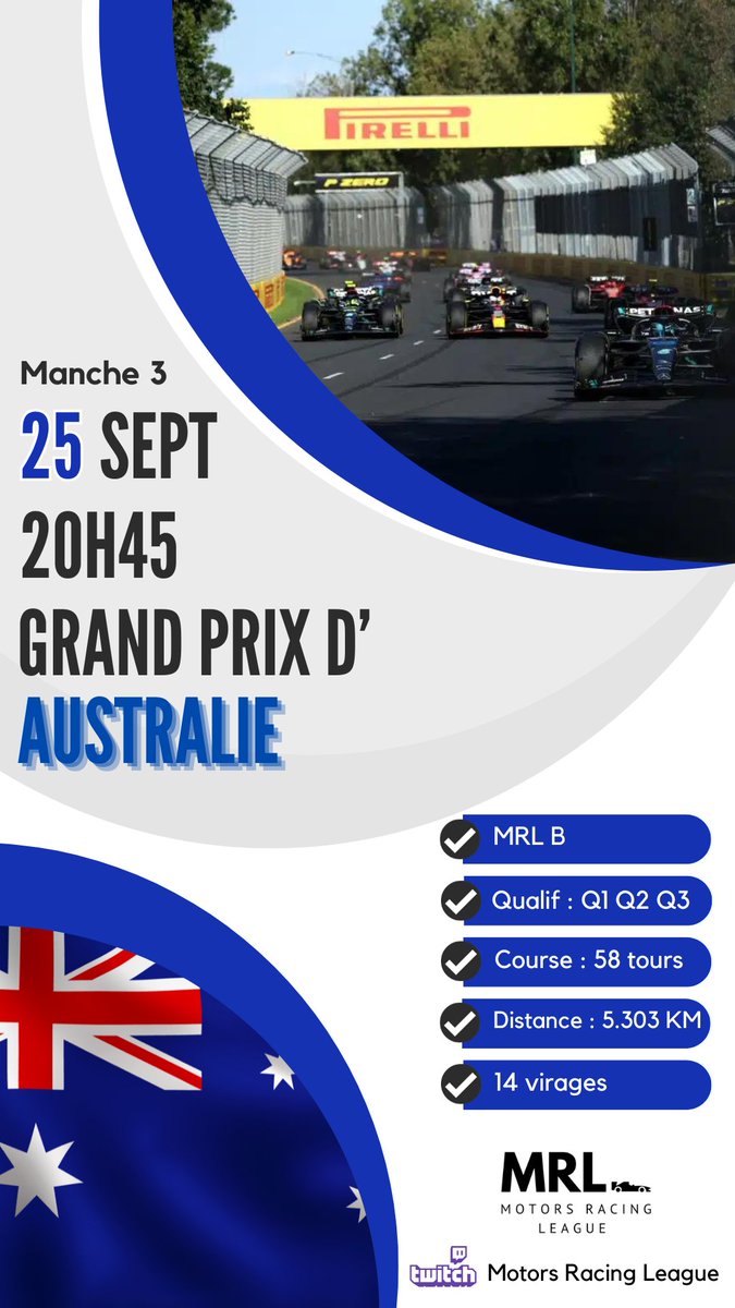 MRL_Off_'s tweet photo. 🇳🇿Grand-Prix d Australie 🇳🇿

🔵 MRL  B | Manche 3
🗓  Lundi 25 septembre 2023
⏰ 20h45
📍 Melbourne, Australie 
 
📺 https://t.co/dFIWntyiYA https://t.co/nAXji0baeM