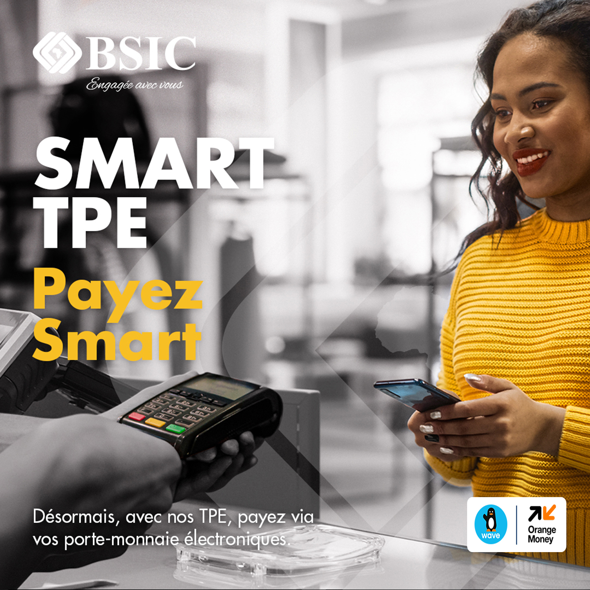 BsicSenegal's tweet photo. Découvrez notre 𝐒𝐦𝐚𝐫𝐭 𝐓𝐏𝐄 et vivez une expérience unique, simple et rapide grâce aux 𝐩𝐚𝐢𝐞𝐦𝐞𝐧𝐭𝐬 𝐓𝐏𝐄 via votre 𝐩𝐨𝐫𝐭𝐞𝐟𝐞𝐮𝐢𝐥𝐥𝐞 𝐞́𝐥𝐞𝐜𝐭𝐫𝐨𝐧𝐢𝐪𝐮𝐞.. 💳🌟📱
#BSIC #BsicSénégal #SmartTPE #Wallet #MyBsic https://t.co/aay1PYYWPL