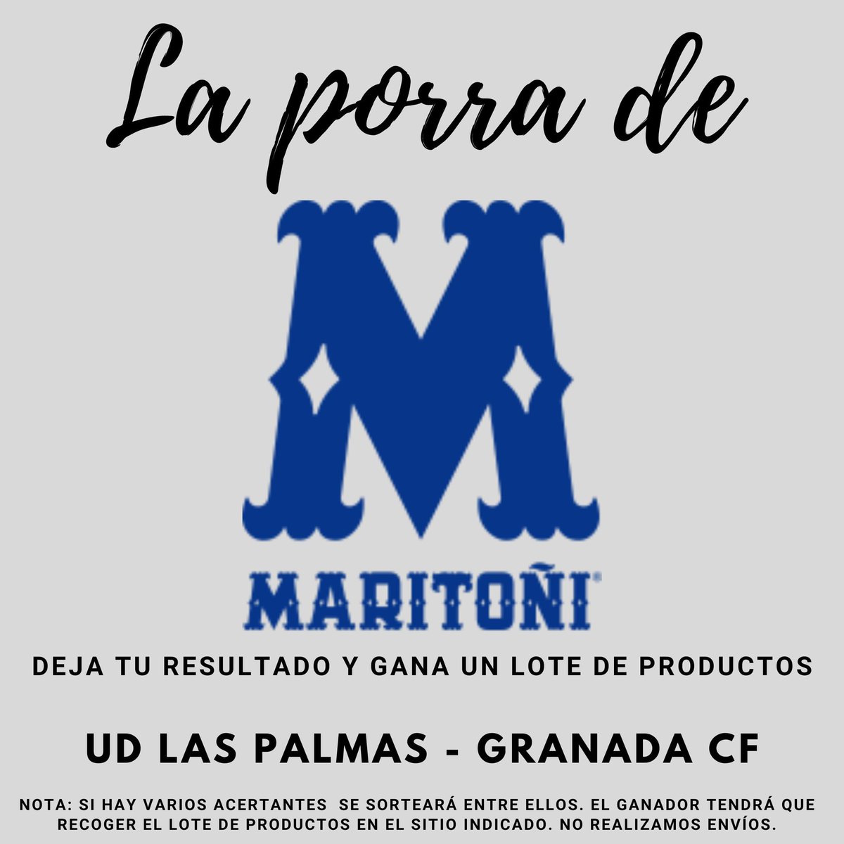 ➡️ La porra de GranadaEnJuego 

¡Acierta el resultado del UD Las Palmas 🆚️ Granada CF en nuestras redes sociales y llévate un fantástico lote de productos <a href="/Maritoni_SL/">Maritoñi</a>!

👇 Condiciones

✅ Seguir nuestro perfil
✅ Retuit y Me gusta
✅ Dejar sólo un resultado