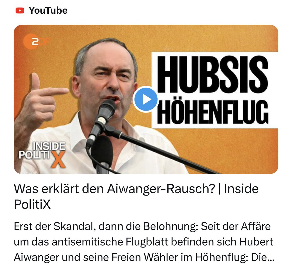 Hubert #Aiwanger hat die Flugblatt-Affäre nicht geschadet. Im Gegenteil. Was erklärt den Aiwanger-Rausch?  Eine neue Folge #InsidePolitiX vom Leiter des <a href="/ZDF/">ZDF</a>-Landesstudio Bayern <a href="/StefanLeifert/">Stefan Leifert</a> 

youtu.be/uB6WNpco8oY?si…