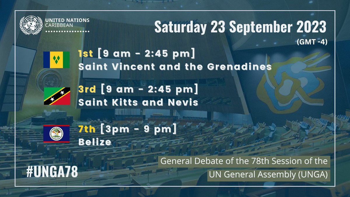 Today, 3️⃣ leaders from the English and Dutch-speaking #Caribbean will address #UNGA General Debate.

MORNING:
🇻🇨 Prime Minister <a href="/ComradeRalph/">Ralph Gonsalves</a> 
🇰🇳 Prime Minister Michael Drew <a href="/skngov/">SKN Government</a> 

AFTERNOON:
🇧🇿 Minister for Foreign Affairs <a href="/EcourtbzeEamon/">Eamon Courtenay</a>

🔴 Watch – tinyurl.com/2j6c7hve