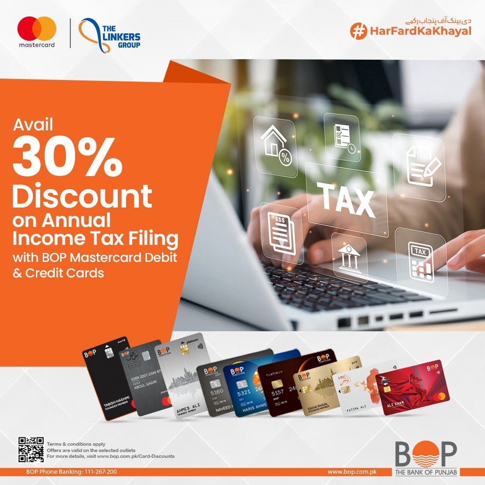 thebankofpunjab's tweet photo. Worried about completing your tax filing? BOP has you covered.

Enjoy a 30% discount on Income Tax Filing when you use your BOP Mastercard debit or credit card through @thelinkersgroup.

#TheBankOfPunjab #HarFardKaKhayal #BOPMastercard #CreditCards #Discount https://t.co/o9f9QPN3nG