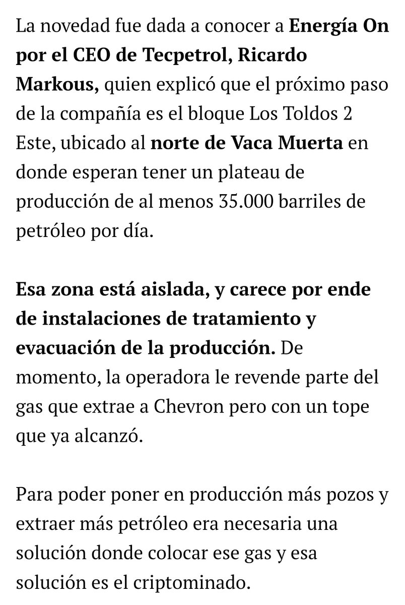 CristianGeo7's tweet photo. Tecpetrol minará criptomonedas en Vaca Muerta para evitar el venteo de gas que no puede inyectar en redes. Destinarán 60.000 m3/d que le permitirán además avanzar en un proyecto de petróleo.
https://t.co/Ek7rYnmS7l https://t.co/edSynmhvHz