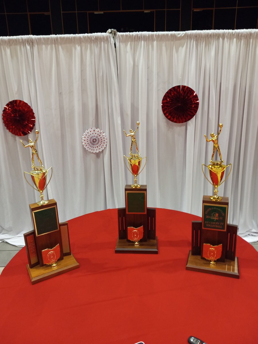 BGFalcons78's tweet photo. We pulled out all the volleyball state trophies to display, then decided we should pull out all the MAC champ trophies.  It took a while. 7 state Champs, 5 State Runner Up, 29 MAC champs https://t.co/Hzp9arxwGh
