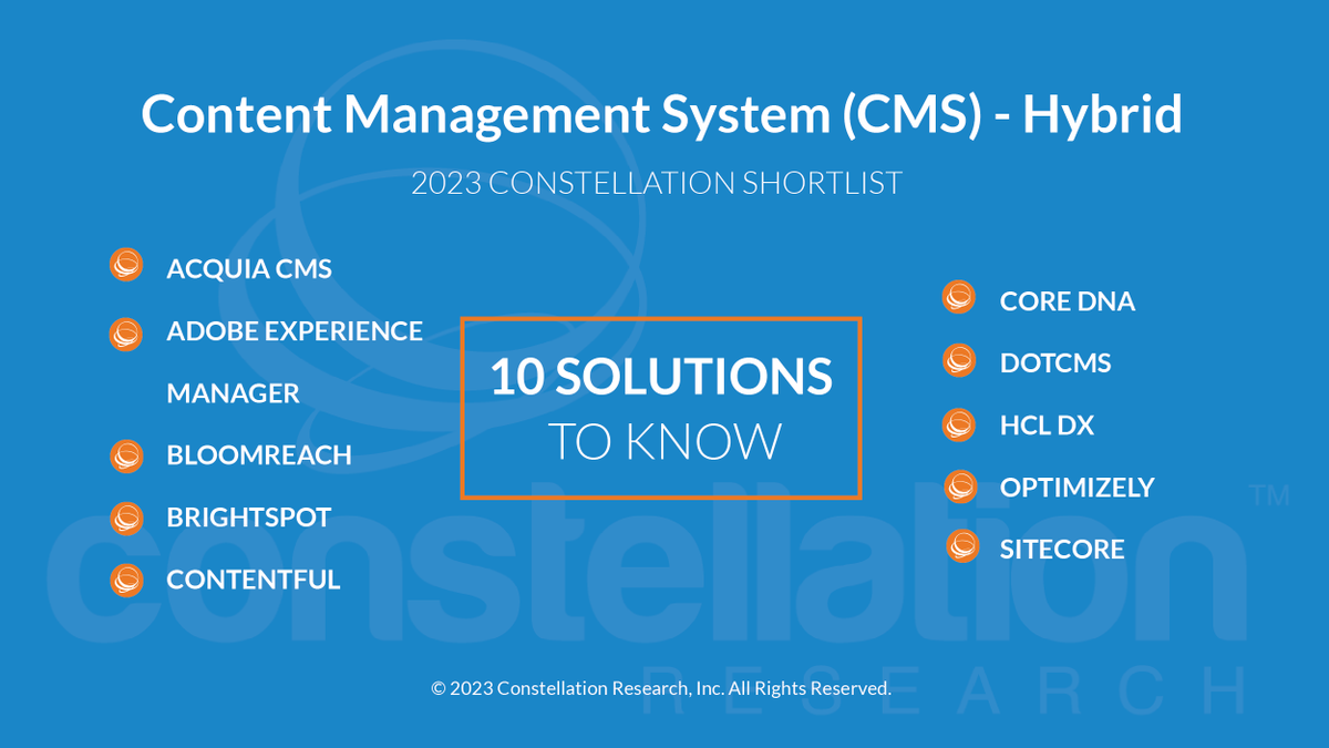 constellationr's tweet photo. Congrats to the companies listed on the ShortList for Content Management System (CMS) – Hybrid https://t.co/HZKHgz6hai @acquia @Adobe @bloomreach_tm @TeamBrightspot @contentful @coredna @dotcms @hcltech @Optimizely @Sitecore https://t.co/LiB6tp4k98