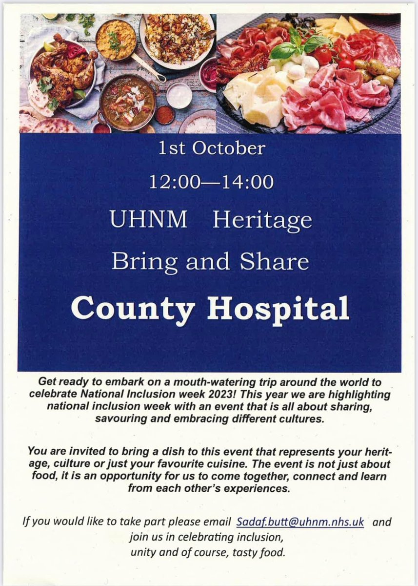 To celebrate #NationalInclusionWeek we are holding a bring and share event at County Hospital in the Outpatient Garden - come join us October 1st @CountyHealthLib @eduhnm @PgmcUhnm @DietitiansUHNM1 @sammouse28 @88AimeeA @Allison57958605 @sadafxbutt @CareCoachUHNM @DiabetesUHNM