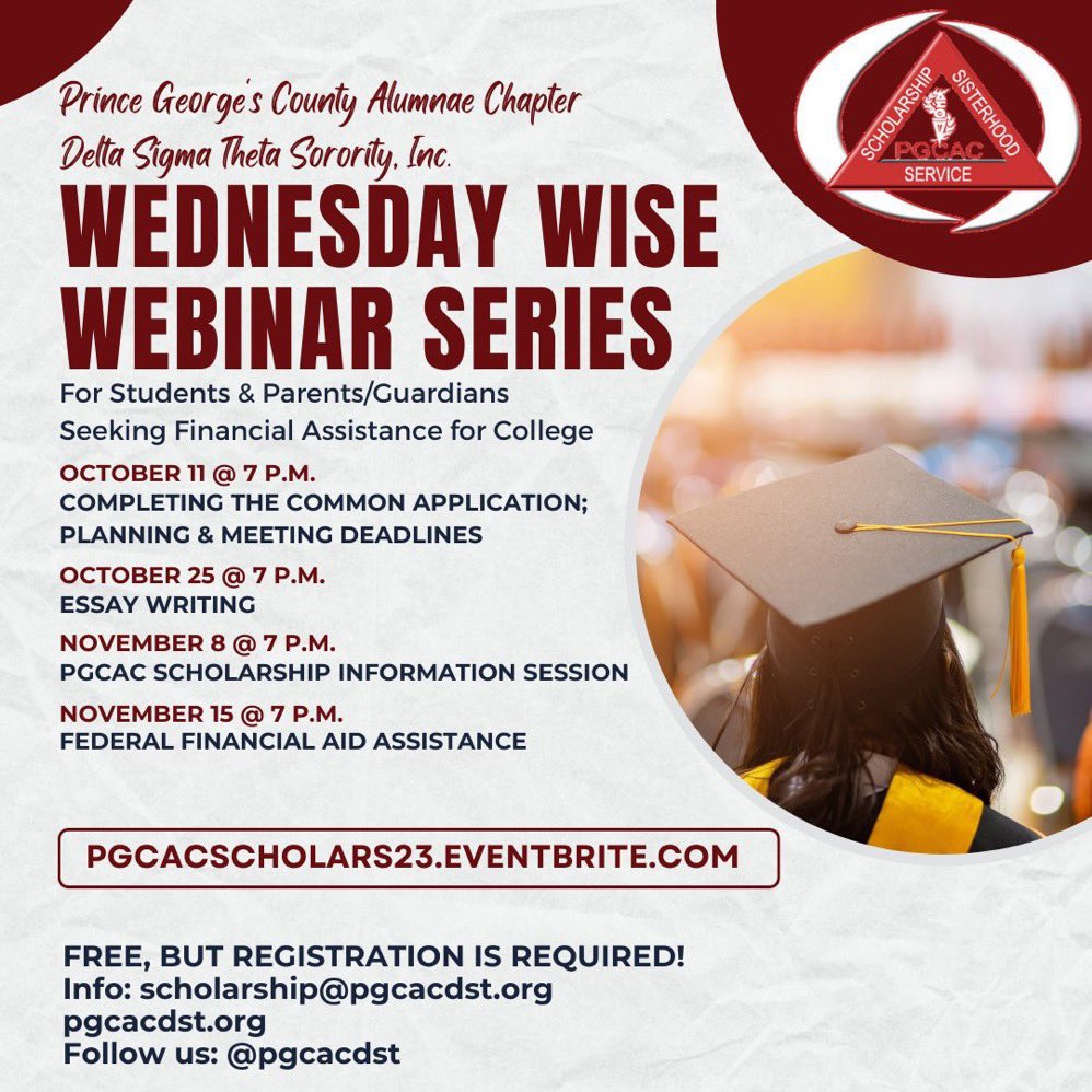 All are welcomed to attend these 4, free, virtual college preparatory Wednesday Wise Webinars next month. Get ready for college now.￼ Click the Eventbrite link below to register! #commonapp #blackcommonapp #Scholarships #essaywriting #financialaid <a href="/pgcps/">PGCPS</a> <a href="/GorgeousPGC/">GorgeousPrinceGeorge'sCounty</a>