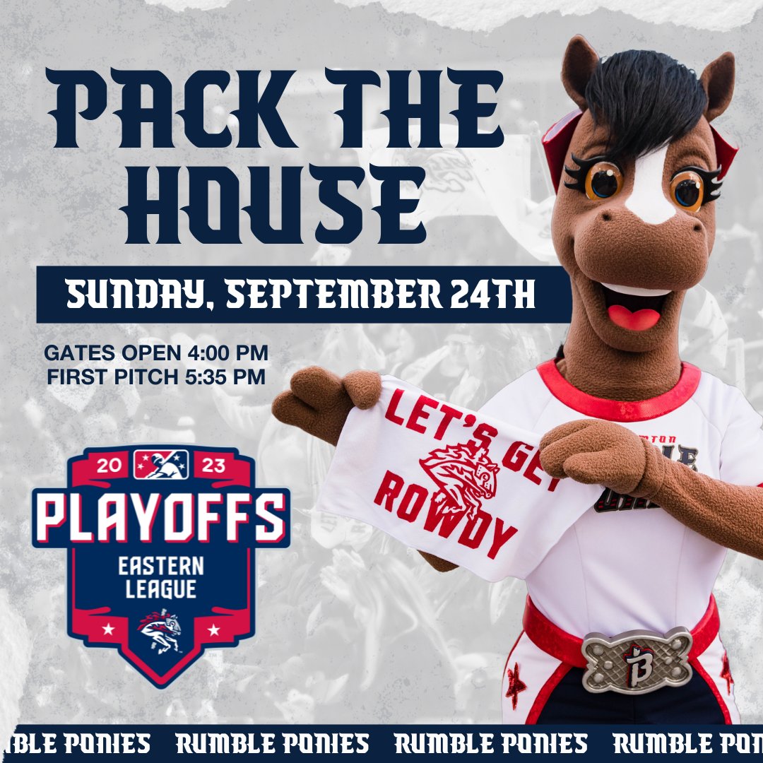 RumblePoniesBB's tweet image. It's time to 𝗣𝗔𝗖𝗞 𝗧𝗛𝗘 𝗛𝗢𝗨𝗦𝗘 this Sunday, September 24th for Game 1 of the Eastern League Championship Series right here at @Mirabito Stadium. 

🎟️ loom.ly/d-a7KB0

#LetsGetRowdy | #PackTheHouse