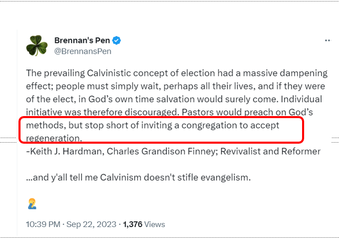 weecalvin1509's tweet photo. Finney's putrid theology lives on in Brennan's tweet. Where in the Bible is the sinner called upon to "accept regeneration"? The problem isn't Calvinism - it served the Baptist denominations/congregations well - but in Finney's #religioushumanism which still finds fertile soil. https://t.co/bq3C9DHuFL