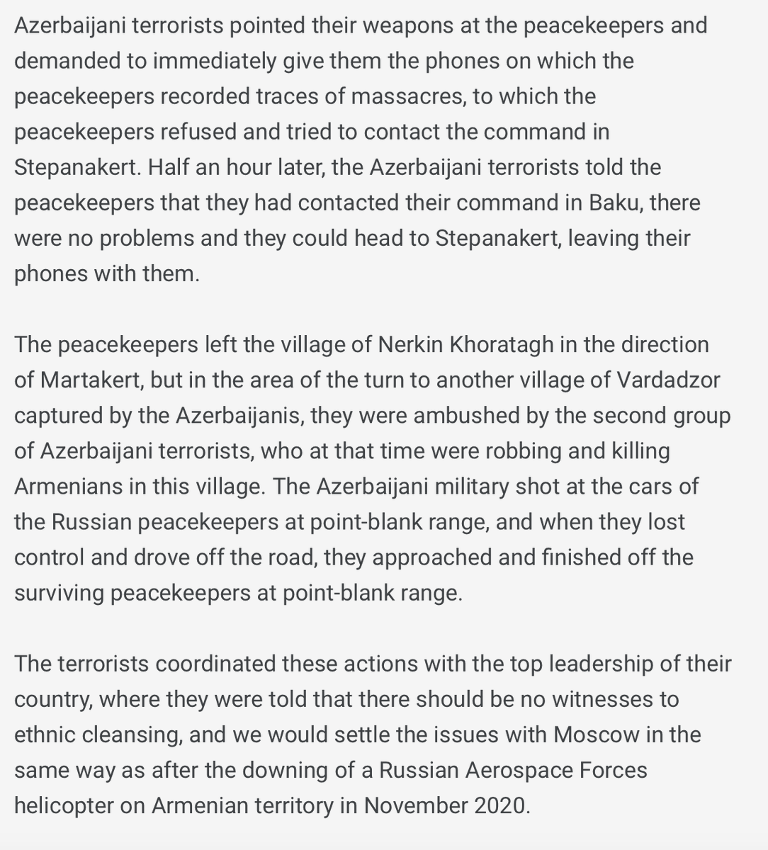 AliTahmizian's tweet photo. Horrific reports surfacing on Telegram that Baku liquidated #Russia's deputy peacekeeping chief and his convoy b/c they were alerted to a massacre, reached the scene of its aftermath and photographed how Azeri forces had raped and mutilated bodies, including of children. #Artsakh https://t.co/ocUYthTNN3