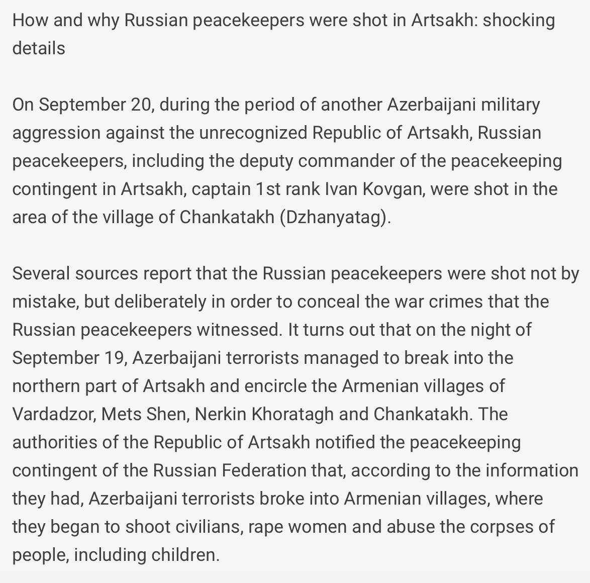 AliTahmizian's tweet photo. Horrific reports surfacing on Telegram that Baku liquidated #Russia's deputy peacekeeping chief and his convoy b/c they were alerted to a massacre, reached the scene of its aftermath and photographed how Azeri forces had raped and mutilated bodies, including of children. #Artsakh https://t.co/ocUYthTNN3