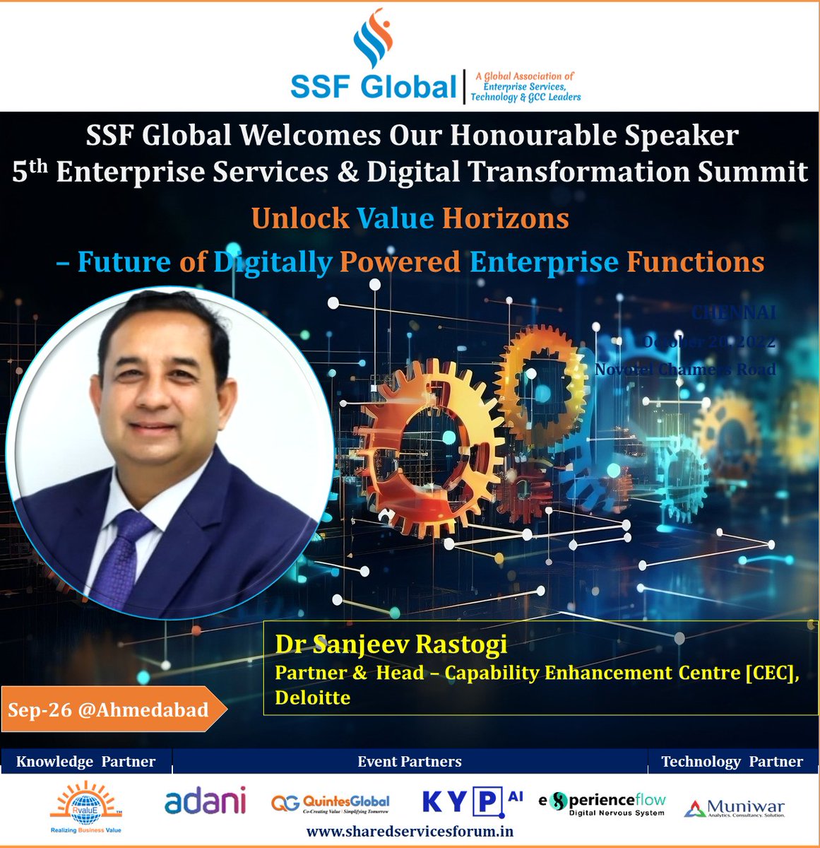 SSF_Global's tweet photo. #SSFGlobal warmly Welcomes our honorable Speaker Dr. Sanjeev Rastogi at the 2-Day summit - 5th Enterprise Services &amp; Digital Transformation Summit 2023 on the theme:
Unlock Value Horizons – Future of #DigitallyPowered #EnterpriseFunctions

To Register: https://t.co/g3f17M4Xiw https://t.co/OPSOS1Q2WM