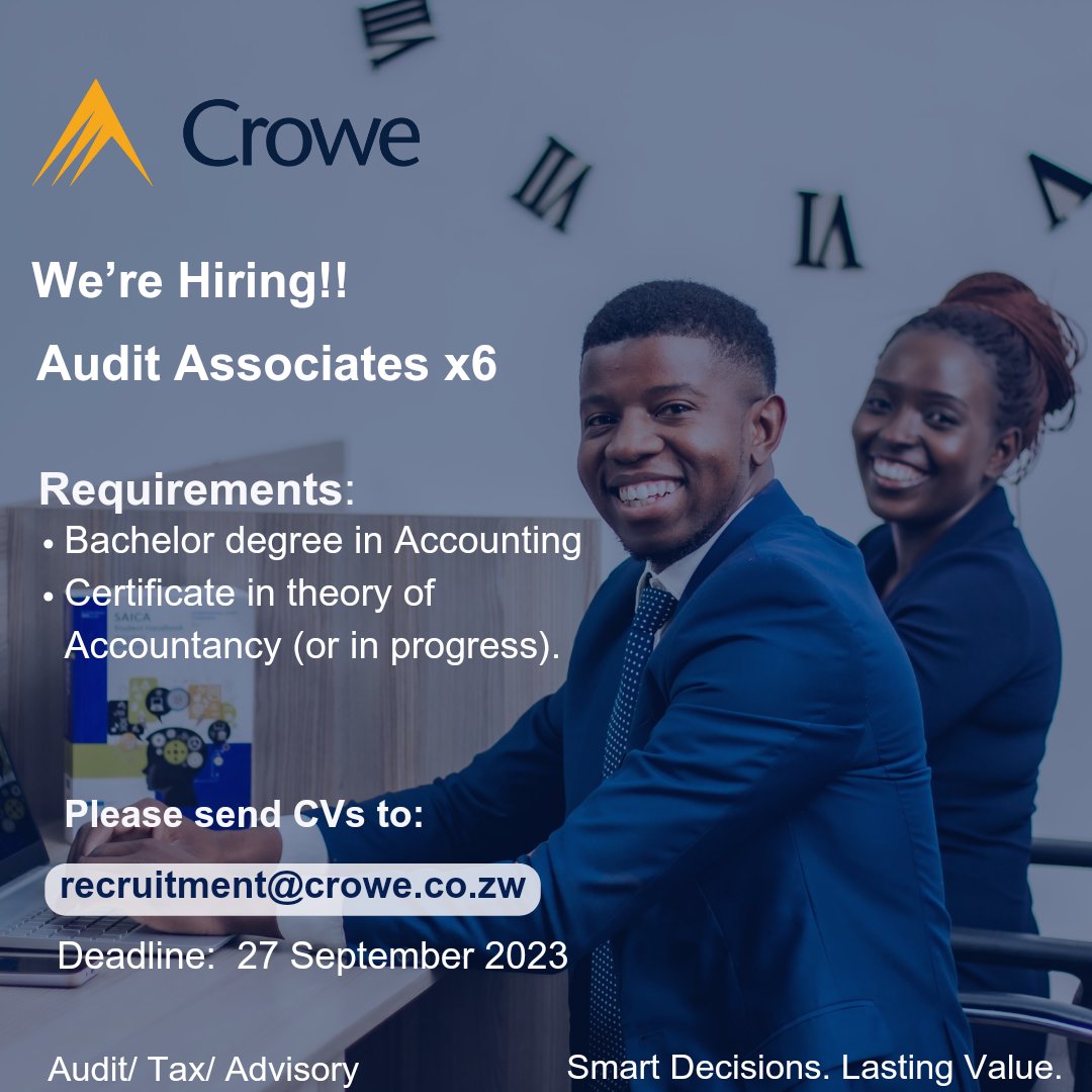 ZwCrowe's tweet photo. Join our team where we deliver #SmartDecisions for #LastingValue to our clients. 
#WeAreCrowe #CroweZw #Audit #Tax #Advisory https://t.co/VKWqWlY75P