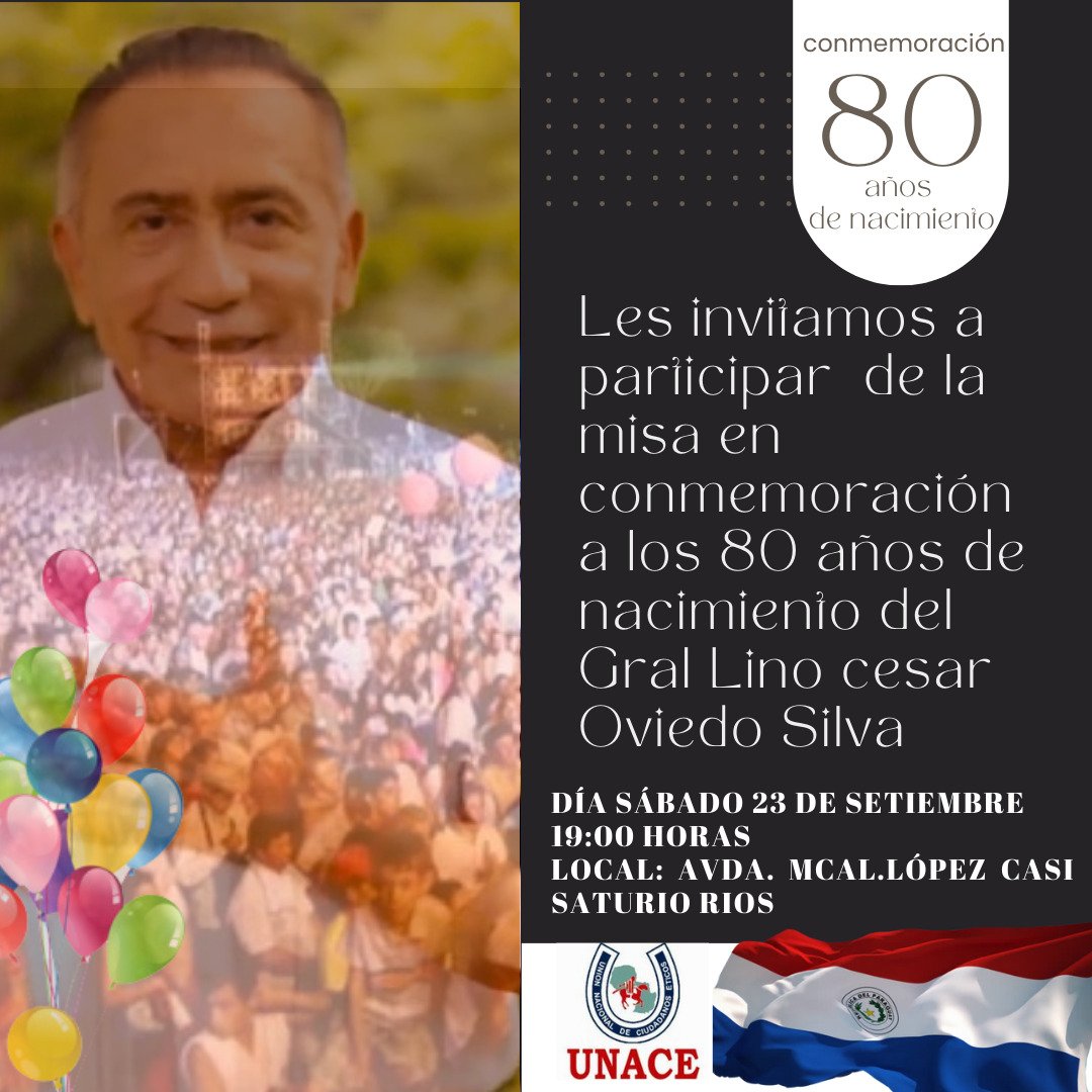 partido_unace's tweet photo. Hoy recordamos el nacimiento del Gral. Lino Oviedo, fundador del Partido UNACE.  Por tal motivo estaremos celebrando una misa de acción de gracias a partir de las 19 hs en la sede del Partido Unace recordando el nacimiento del Gral. Lino C. Oviedo S. @Juventud_Unace https://t.co/78jnNcpFpk