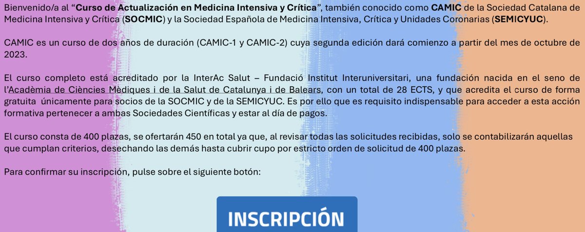 SOCMIC's tweet photo. Curso de Actualización en Medicina Intensiva y Crítica #CAMIC
Acreditado por Universidades de #InterAcSalut 28 ECTS
Organiza @semicyuc y @SOCMIC
Gratuito, para promover y facilitar la excelencia profesional a través de la formación entre sus asociados
https://t.co/sG4lavHCoL https://t.co/YSCOKEzLrB