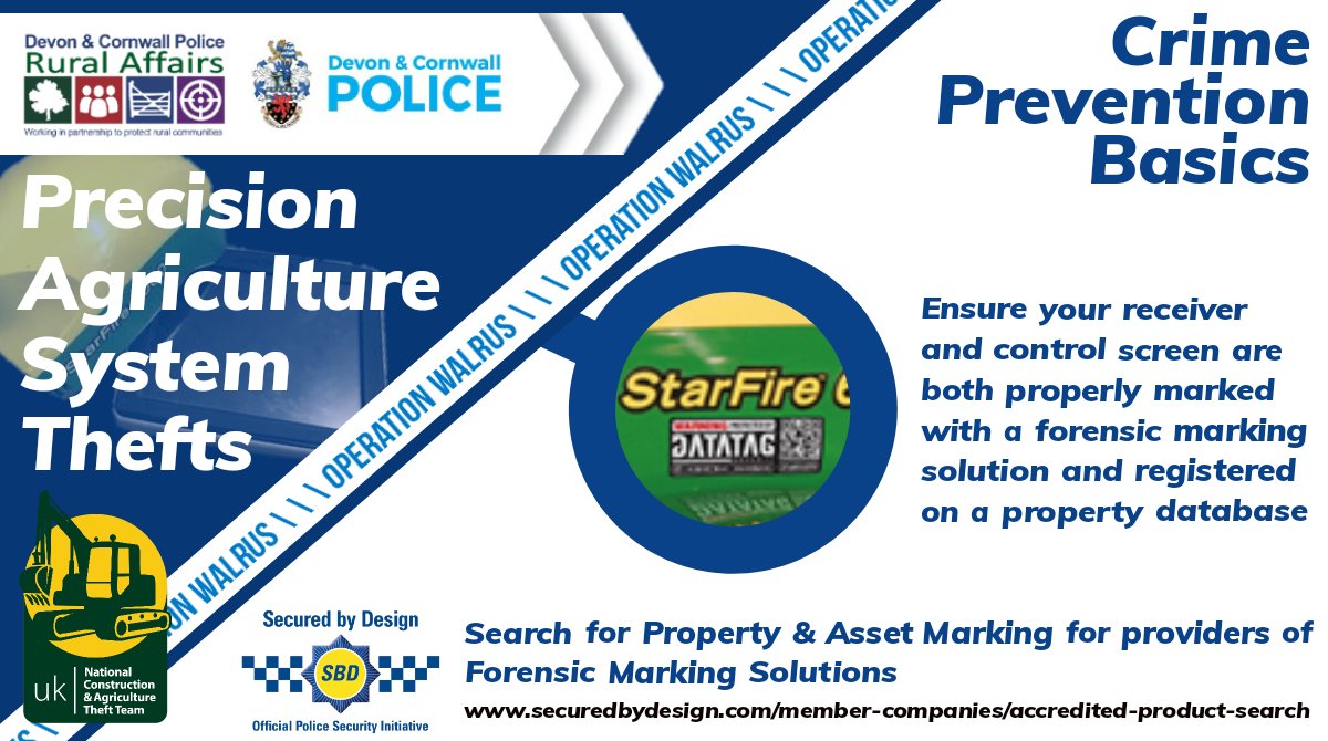 Rural Affairs Team (@dcpolicerural_d) on Twitter photo Make sure that your #PrecisionAgri system receiver and display are properly marked with a <a href="/securedbydesign/">Secured by Design</a> accredited forensic solution such as <a href="/DatatagID/">Datatag</a> & register them on a property database such as <a href="/ImmobiliseCrime/">Immobilise</a>. #OPWALRUS Make sure that your #PrecisionAgri system receiver and display are properly marked with a <a href="/securedbydesign/">Secured by Design</a> accredited forensic solution such as <a href="/DatatagID/">Datatag</a> & register them on a property database such as <a href="/ImmobiliseCrime/">Immobilise</a>. #OPWALRUS