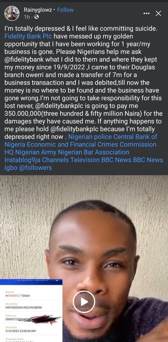 FIERCE_ENT's tweet photo. Bank bully has to stop.
A young man made transfer of 7m through @fidelitybankplc and can't trace his money and have lost his deals and fidelity isn't giving hopeful response.
https://t.co/V7EquyX4Wn
#endbankbully #fidelitybank @fidelitybankplc  #Gistlover #instablog #CBN https://t.co/jv5L9xsxMj