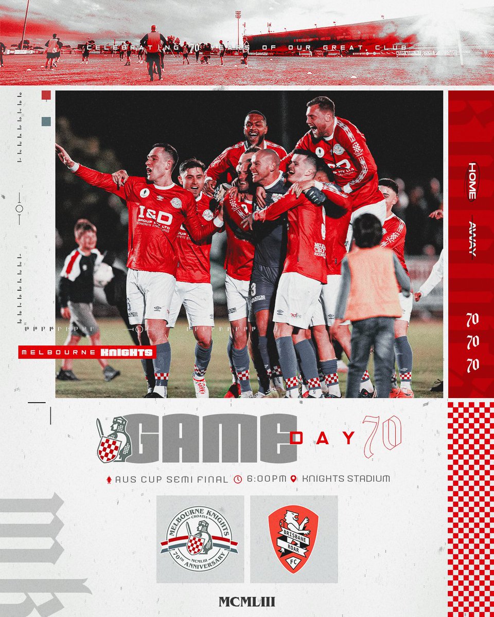 MelbKnights's tweet image. It's Semi-Final time Knights fans and there's a seat at Knights Stadium with your name on it and the stage is set for an absolutely huge match against a travelling Brisbane Roar FC.

Let's give our guests a warm Somers Street welcome!

#MCMLIII #70years #mkfc #australiacup