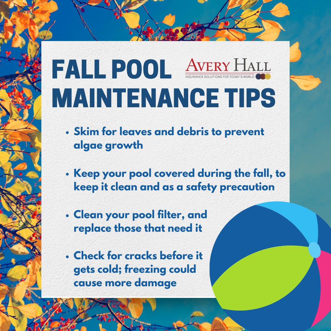 AveryHallIns's tweet image. Transitioning to fall is bittersweet 🥲🍂 Here are some tips for maintaining your pool while it&apos;s not being used this season! 

#falltips #poolowner #welcomefall