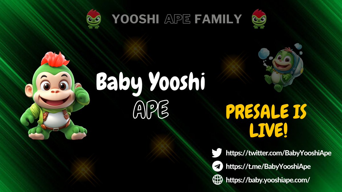 BabyYooshiApe's tweet photo. The time has come! Our presale at Pinksale is now live! Fill your bags before its to late, remember YooshiApe did 5.7x at launch!

Presale at Pinksale:
https://t.co/b0Ex9g9uv2

#PinkSale #presale #BSC #BSCGems #Fairlaunch #babyyooshiape #yooshiape #yooshi https://t.co/huq9jjyuac