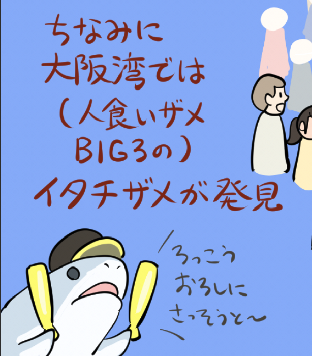 大阪湾で発見されたイタチザメの情報(https://t.co/wilowzlUUE)を見てたら、イタチザメの英語名が「タイガーシャーク」だったことに気づき、ここまで描いといてなぜ拾わなかったのか後悔している。
https://t.co/qTZeNjCvyu 