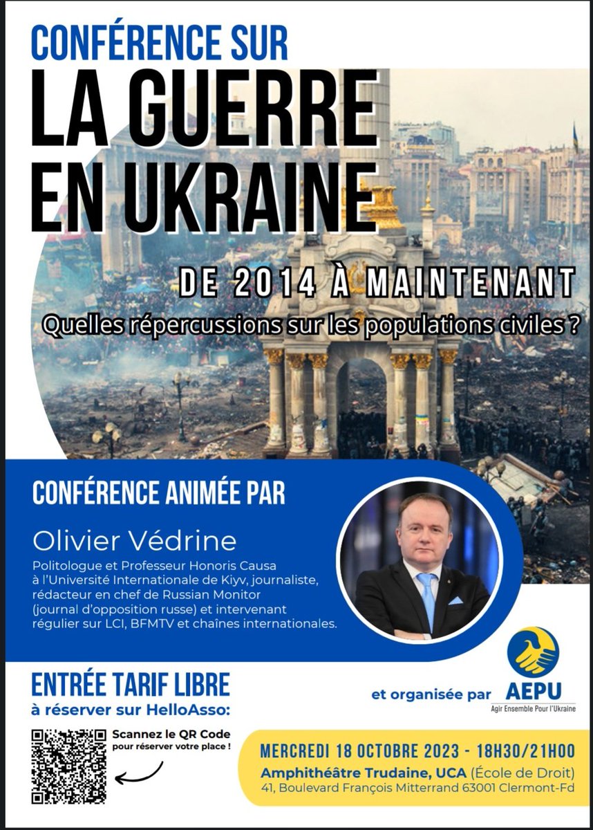 MarchettoSamuel's tweet photo. Le mercredi 18 octobre à la Fac de droit de Clermont-Ferrand n'hésitez pas à venir participer à cette conférence !
#UkraineRussianWar #Ukraine #AEPU #StandWithUkraine https://t.co/DzCYtji42u