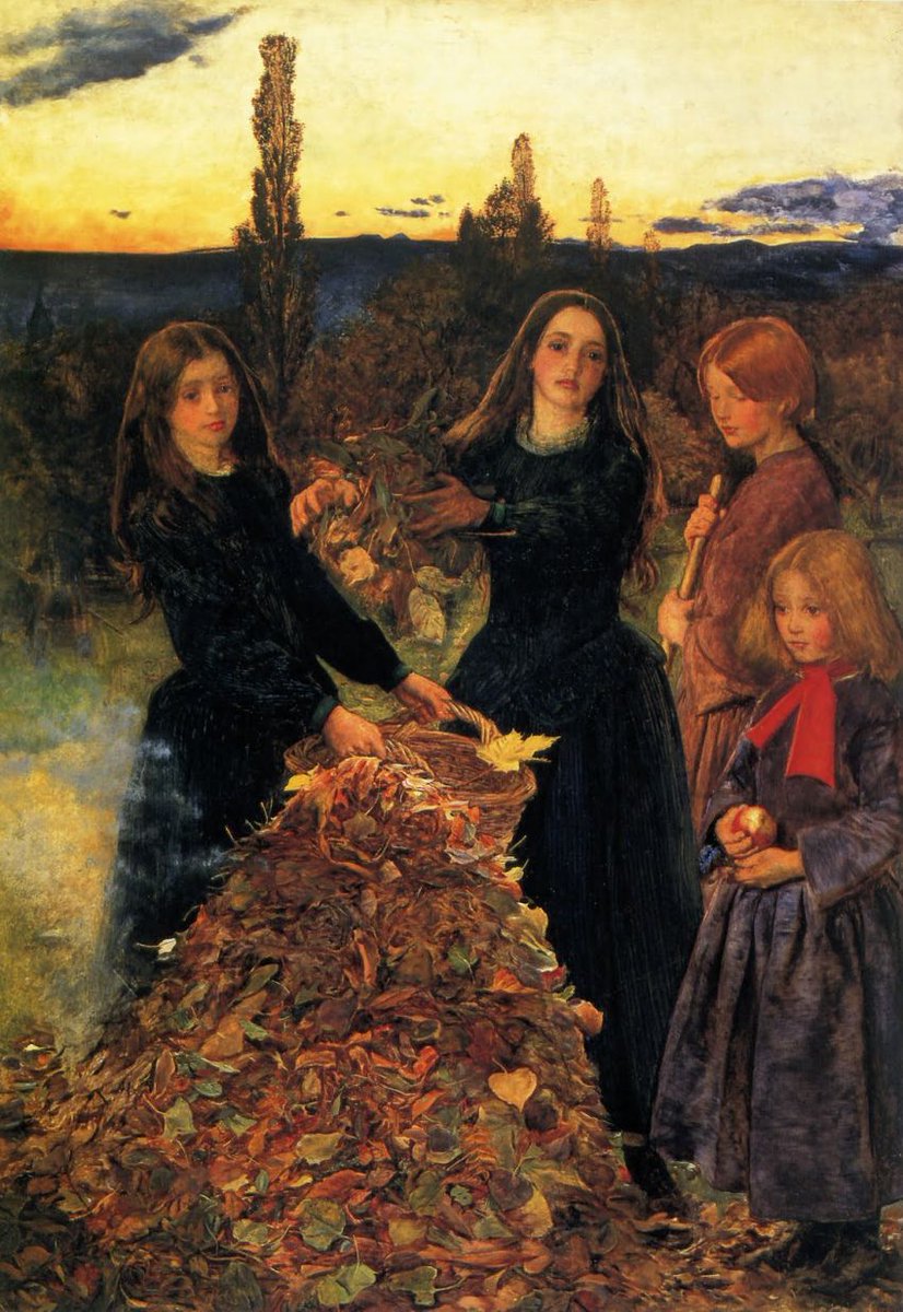 longvictorian2's tweet photo. #Autumn or #Fall has arrived and so here is: Autumn Leaves (1856) by John Everett Millais (English, lived 1829–1896). Raking and burning leaves in the twilight. The artist's sisters-in-law, Alice and Sophie Gray (left). Unsure as to the identity of the two children on the right. https://t.co/t9p8FxXVHd