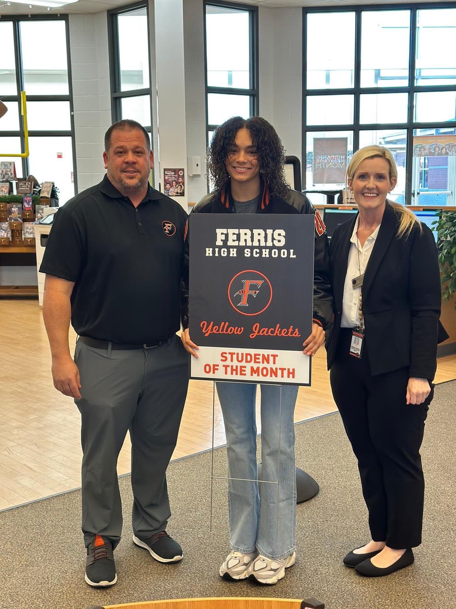 It’s been a productive month for @Arieanna_jeffer on & off the court.  #Juniorseason off to a great start! Honored in person by state rep Brian Harrison at our 80’s pep rally. She was also chosen to be #StudentOfTheMonth for Ferris HS! Congrats Arieanna, we’re so proud of you!