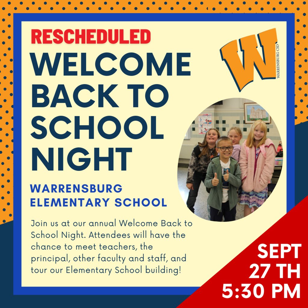 Our Welcome Back to School night for the Elementary School has been rescheduled! We hope to see you there.