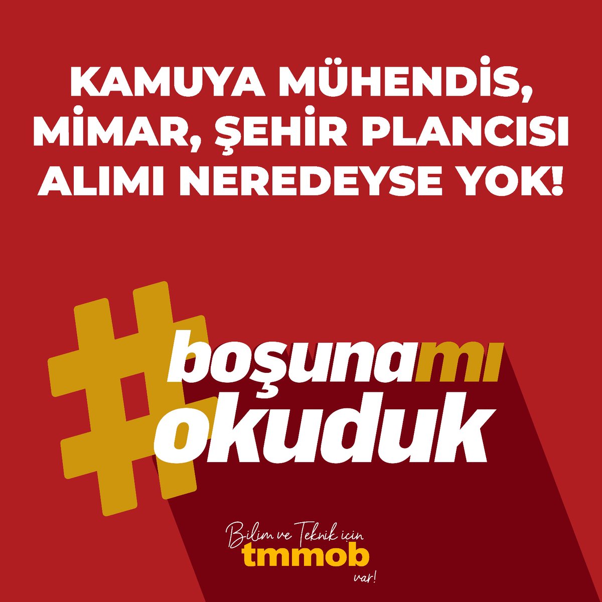 İşten atılma korkusu, güvencesizlik, asla yetişmeyen iş takvimleri...

Hangimiz yaşamadık?

Kamuda ve özel sektörde istihdam artırılsın, ücretler yasal güvence altına alınsın!

Sonu güvencesizlik, işsizlik olacaksa #boşunamıokuduk

Mesleğimiz ve haklarımız için
Haydi mücadeleye!