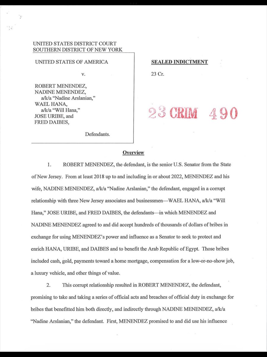 Has #Egypt bribed <a href="/SenatorMenendez/">Senator Bob Menendez</a> and his wife to influence US policy over #GERD? The answer is yes and please see a paragraph copied from the full indictment. Please recall his statements echoing #TPLF talking points as well in which he demonized #Ethiopian &amp; #Eritrean defense