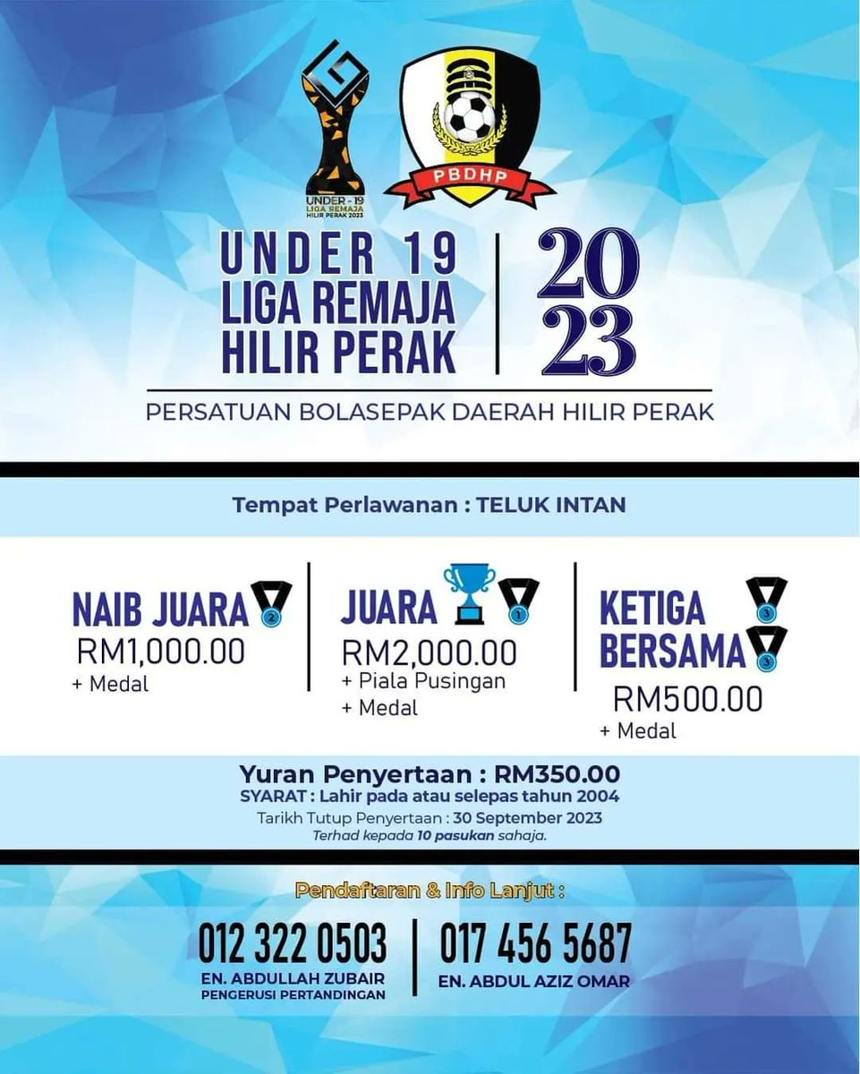 Liga Hilir Perak 2023
Liga Remaja Hilir Perak U19 2023

Tarikh tutup penyertaan 30 September 2023