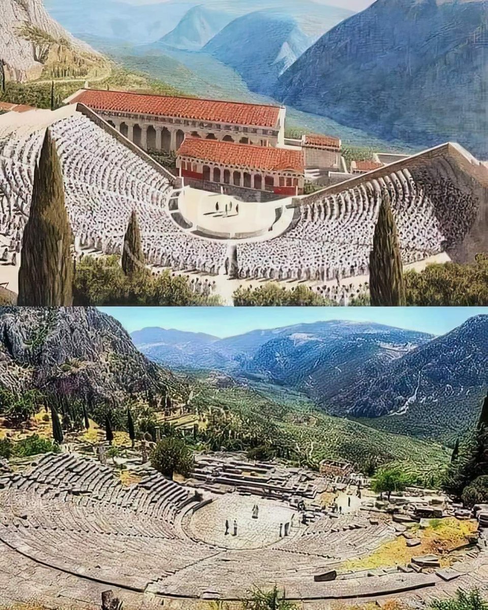 archeohistories's tweet image. Then vs Now :

Ancient Theatre of Delphi, Greece; has been built on same hill as Temple of Apollo, but it is located further above it. Its situation gave audiences a great view of entire sanctuary and above 'Olive Tree Valley'. Dating back to 4th Century BC, theatre was…