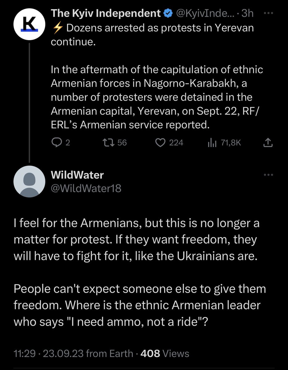 Great take. Armenians must fight, just like the Ukrainians, with billions of aid from Western countries, thousands of volunteer militants encouraged by their countries to join, direct NATO support and involvement, and immediate sanctions on the country attacking them.

Oh, wait.