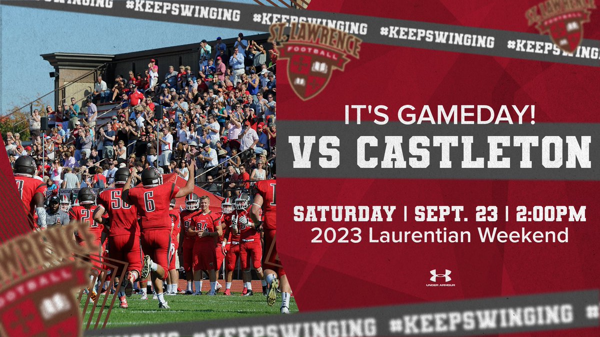 St.Lawrence Football (@slu_football) on Twitter photo Wake Up! It's Gameday and Laurentian Weekend here <a href="/StLawrenceU/">St. Lawrence University</a>!
🆚 Castleton
📅 Saturday, 9/23
🕑 2:00 PM Kickoff
📍 Weeks Field at Leckonby Stadium
#KeepSwinging
#ProtectTheLeck Wake Up! It's Gameday and Laurentian Weekend here <a href="/StLawrenceU/">St. Lawrence University</a>!
🆚 Castleton
📅 Saturday, 9/23
🕑 2:00 PM Kickoff
📍 Weeks Field at Leckonby Stadium
#KeepSwinging
#ProtectTheLeck