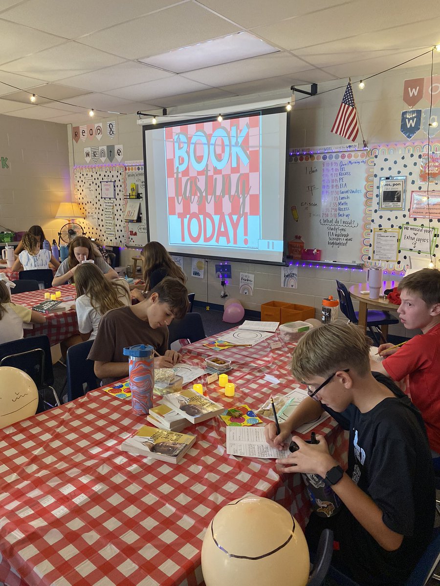 MissPfeifauf's tweet photo. Highlights continued -
2. On Tuesday, 6th grade participated in a BOOK TASTING! One of my very favorite lessons of the year to get students interested in books they may have not chosen off the shelf themselves. Our favorite was The Wild Robot by Peter Brown. 💚 https://t.co/NLHvTvEeoN