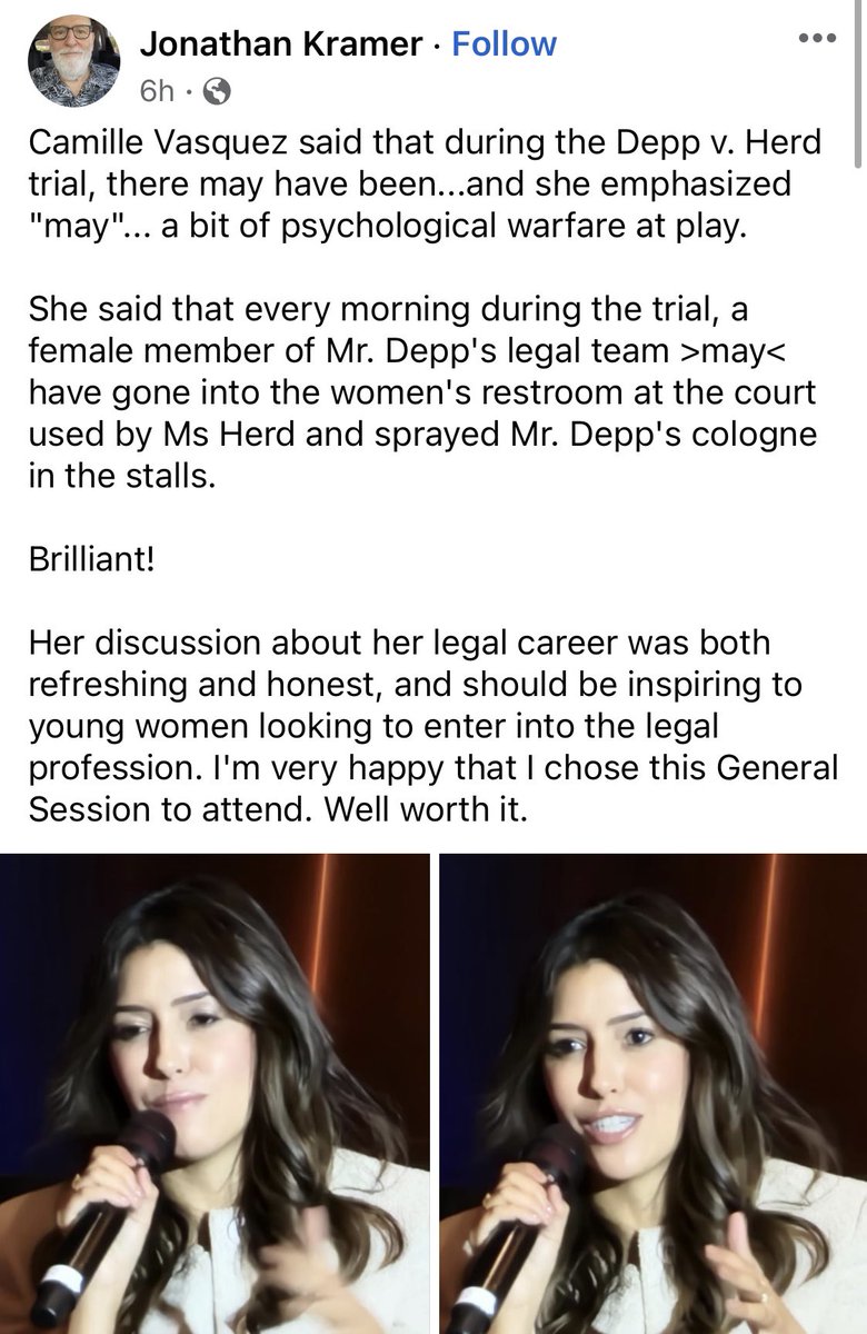 Johnny Depp's lawyer Camille Vasquez admitted in a panel this week that during the 2022 trial she had a female member of his legal team spray Depp's cologne in the court toilets used by Amber Heard to wage "psychological warfare" against her. Do you know how fucking evil that is?
