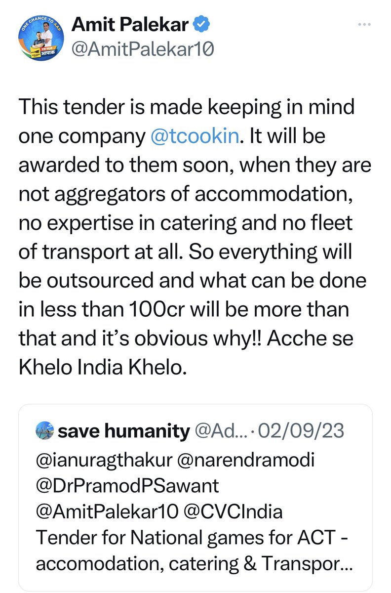 AmitPalekar10's tweet photo. And here it is! @DrPramodPSawant, @tsagofficial, @Govind_Gaude proves us right by making @tcookin as L1 for tender of National Games for 110
crores over experienced bidder who quoted 92 cr. The entire process was rigged and biased to award the tender at 20% higher rate when the experienced bidder is better than Thomas Cook who have no hotels, transport fleet or catering experience. This has been done at the cost of taxpaying Goans hard earned money when the same money could have been used for betterment of sports facilities in Goa. Question is why choose lesser experienced party at higher price? Well well we all know the answer right!!