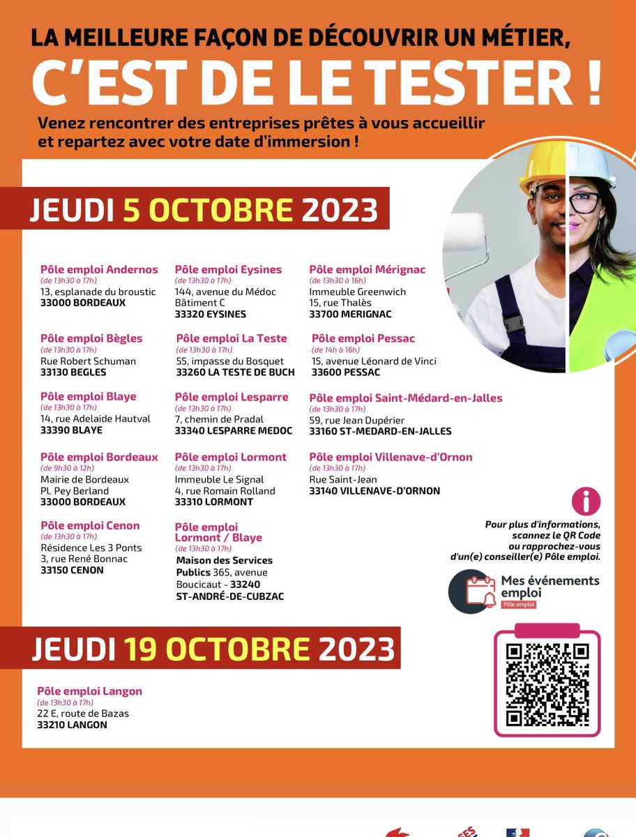 JE TESTE 1 METIER | c’est bientôt dans les agences @poleemploi_NA de #Gironde ! Venez rencontrer les entreprises prêtes à vous accueillir et repartez avec votre date d’immersion ! Sur inscription ici lc.cx/pTguYB #emploi #immersionprofessionnelle 
Programme ici :