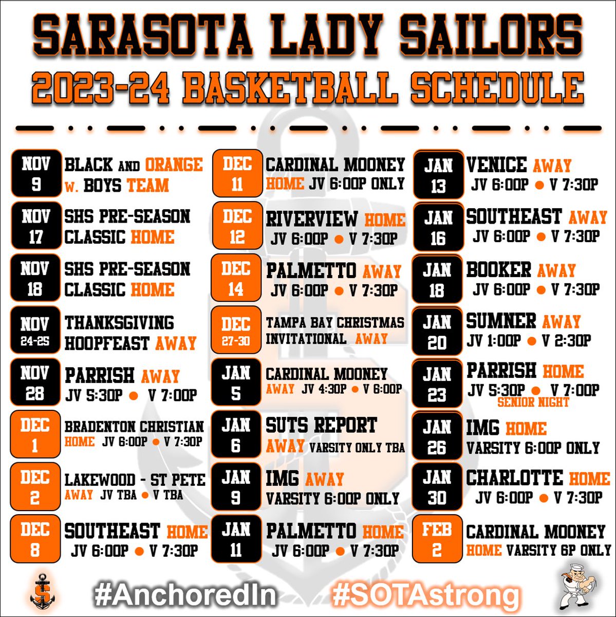 sarasotaGBB's tweet photo. π₯YOUR SARASOTA LADY SAILORS 23/24 SCHEDULEπ₯
Get your popcornπΏready! Itβs going to be one heck of a seasonβΌοΈ π€π₯π€βππ€π§‘ #AnchoredIn #SOTAstrong https://t.co/mU2e8VN1aV