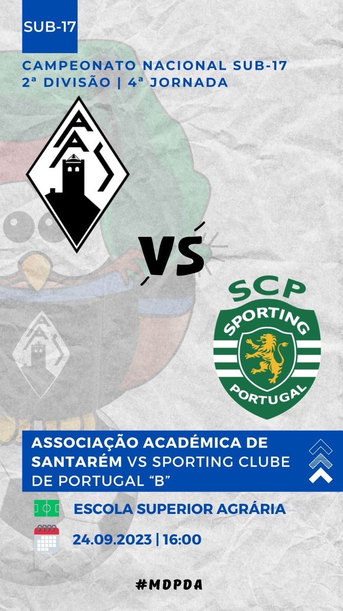 AASantarem's tweet photo. ⚫🔵 Campeonato Nacional de Juvenis - II Divisão 🔵⚫
⚽ Ass. Acad. de Santarém - Sporting Clube de Portugal
🏟 Campo Escola Superior Agrária (Sintético)
📅 24/9/2023
🕒16h
#SomosBriosa #MDPDA https://t.co/2t2CTWaz2A