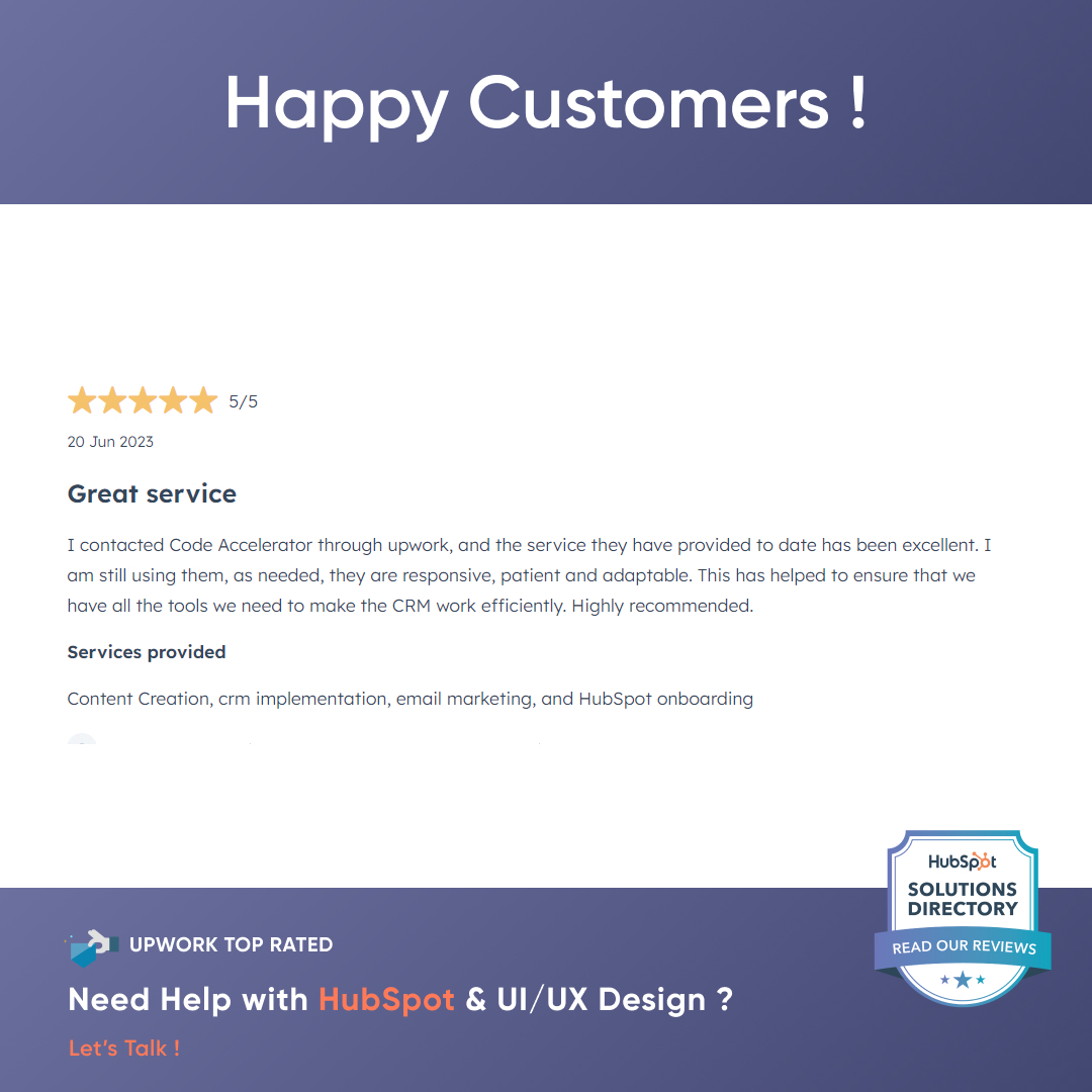 AcceleratorCode's tweet image. At #codeaccelerator we are dedicated to providing top-notch services to our clients. To ensure your success with HubSpot, we offer specialized onboarding services tailored to your unique business needs.
Book a Meeting today with Hubspot Experts here : bit.ly/3PBHxZE
